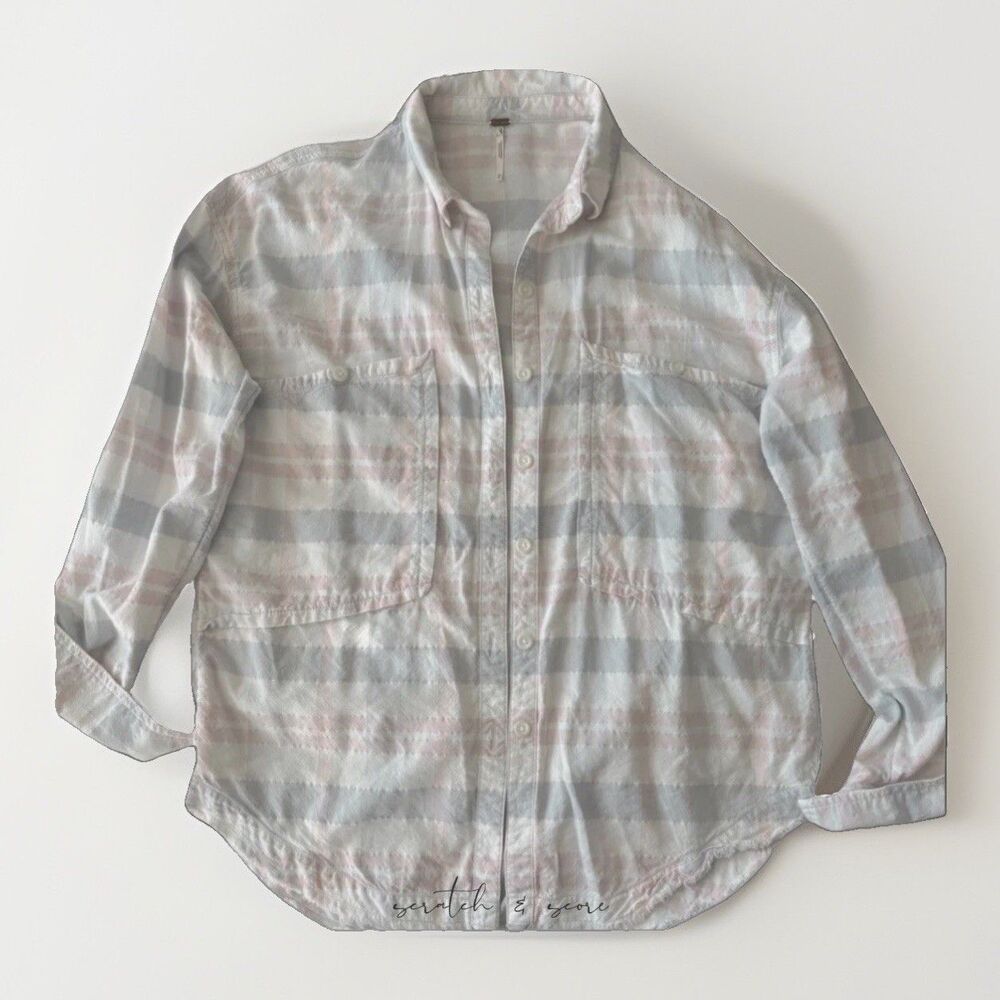 free people loveland button up shirt women's 80s pastel plaid oversized medium - Picture 2 of 8